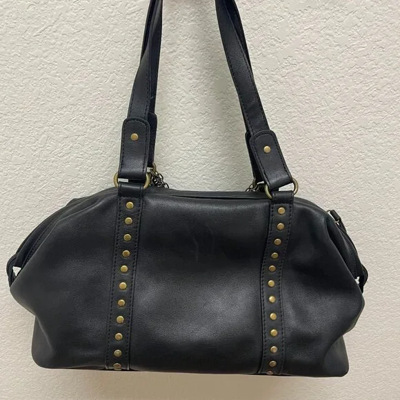 Kennth Cole Reaction Chic Edgy Black Leather bag/Studs & Chain Bronze Accents - Picture 2 of 9